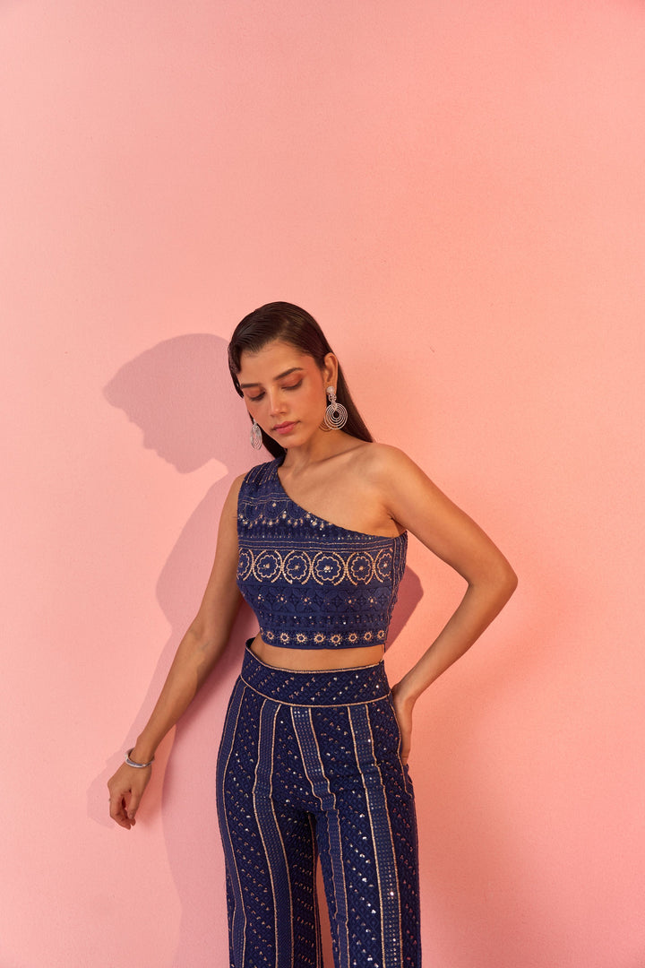 Navy Blue Chikan Pants