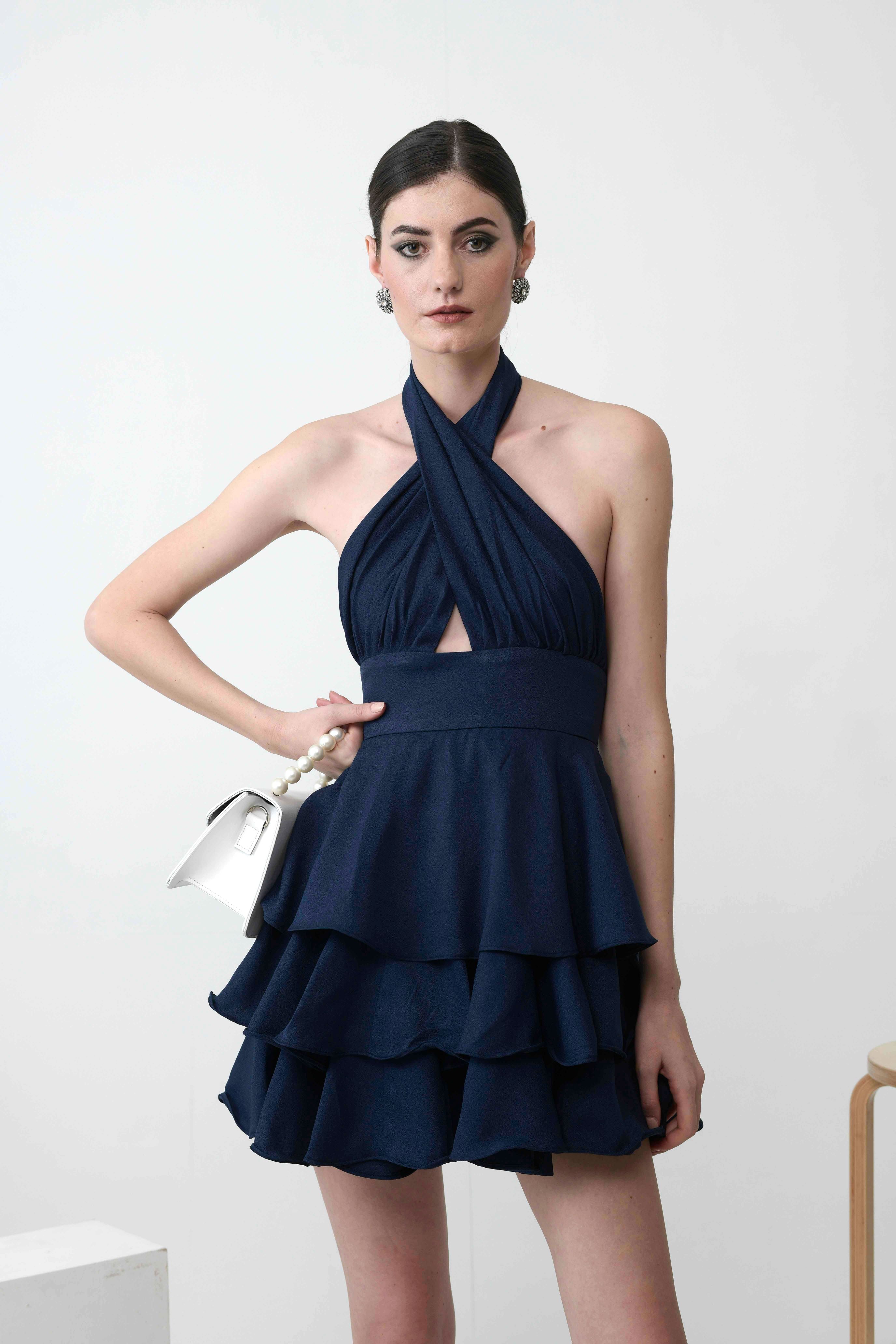 Navy Blue Halter Frill Dress – Clothes On My Mind