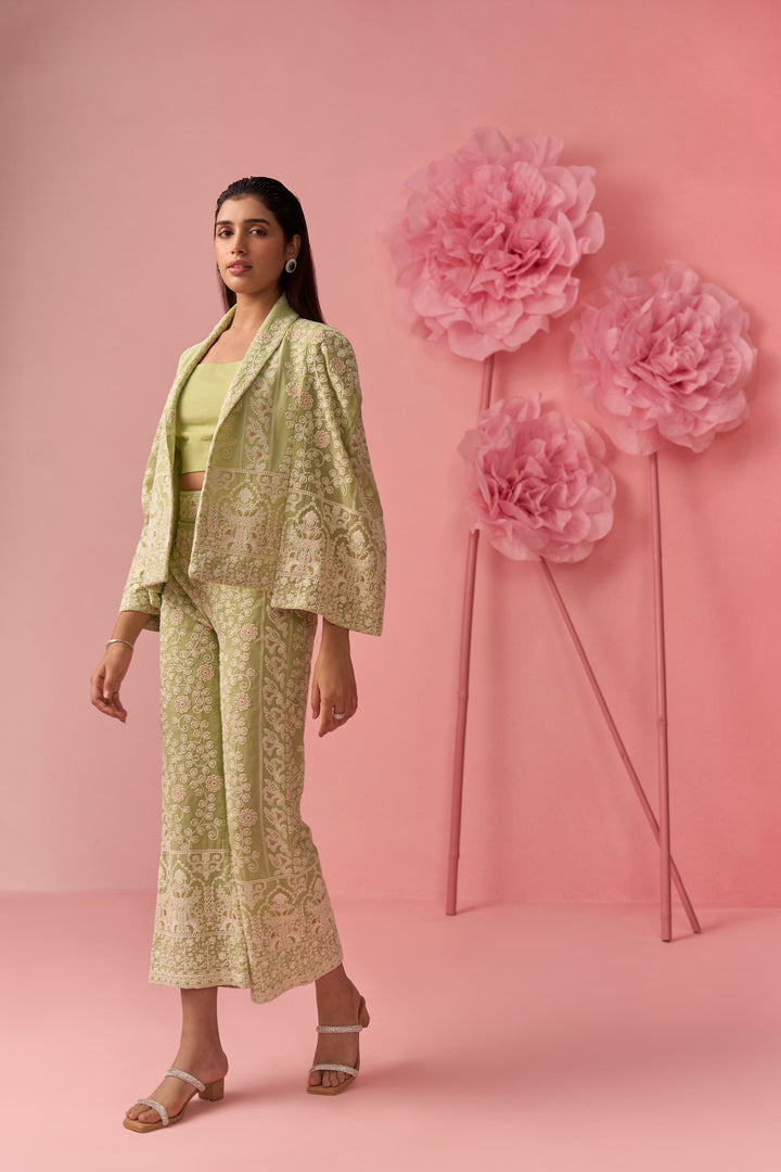 Light Green Embroidered Cape Set (2Pc)