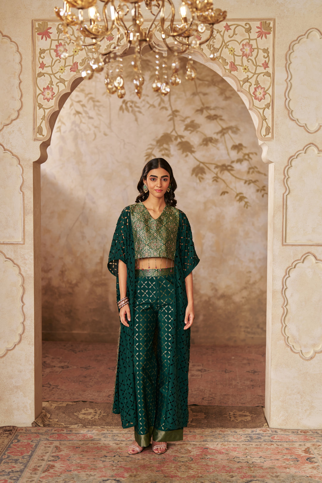 Ornate Green Cape Ensemble CO-ORD