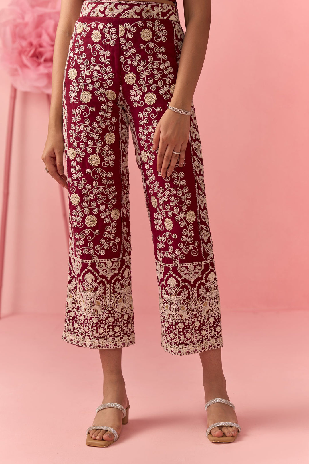 Deep Red Embroidered Pants