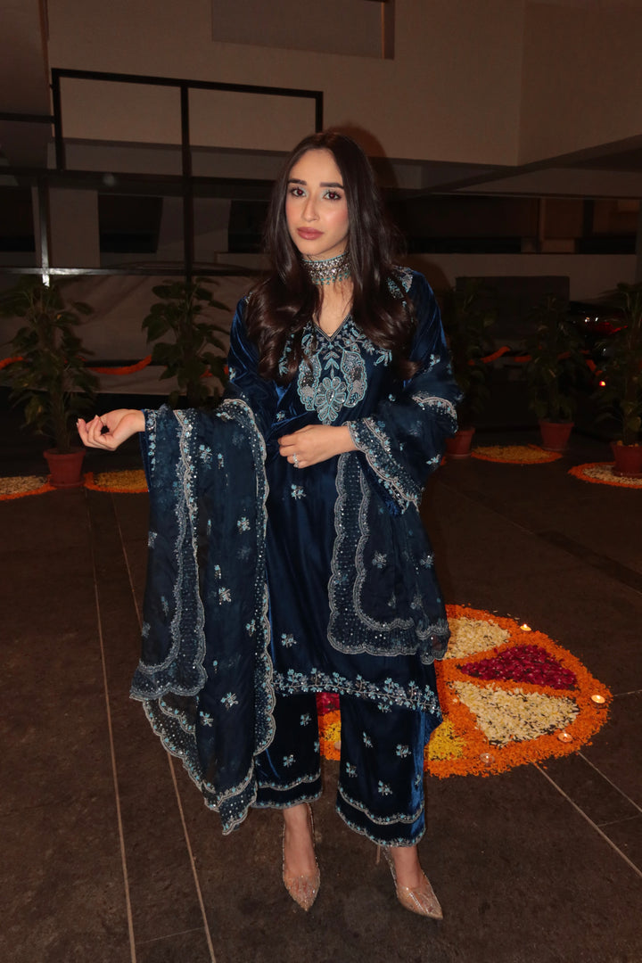 Woman in a dark blue embroidered outfit standing indoors with plants in the background